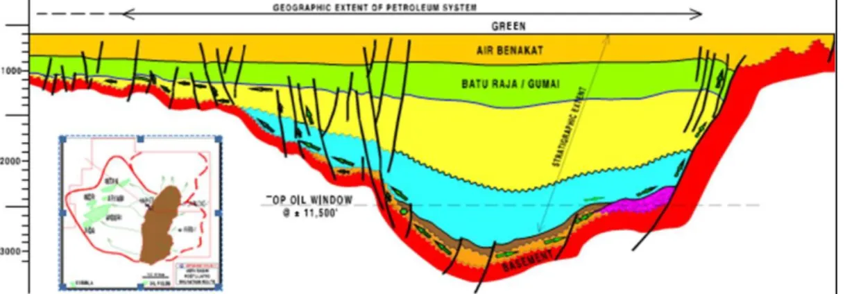 Gambar 2.13. Petroleum System Cekungan Sumatera Selatan  berkaitan dengan migrasi Hidrokarbon