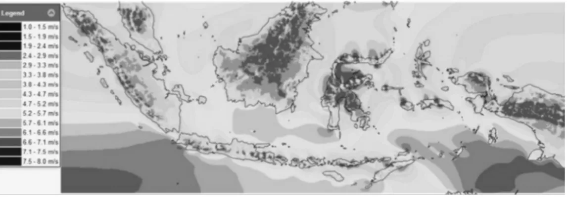 Gambar 4. Kecepatan angin rata-rata tahunan di Indonesia (h = 50 m) 