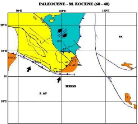 Gambar 3: Paleocene  –   Middle Eocene SE Asia tectonic reconstruction.