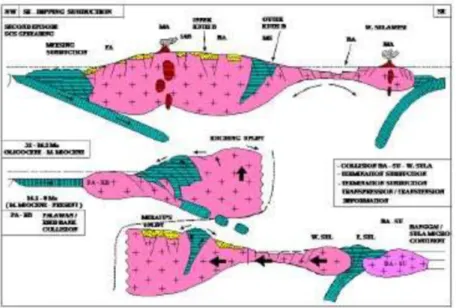 Gambar 6: NW  –   SE cross section schematic reconstruction (A) Oligocene  –   Middle Miocene, and