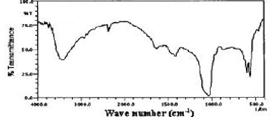 Gambar 6  Spektra FTIR Kristal apatit dari cangkang telur ayam yang dipanaskan  pada suhu 80 o C (hasil penelitian Prabakaran dkk)