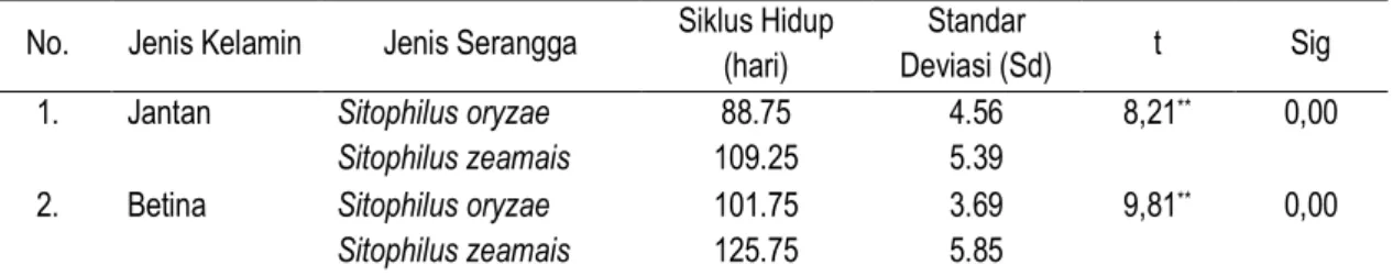 Tabel 3.  Hasil    Pengujian    Perbedaan    Lama    Hidup    Imago    Sitophilus    oryzae  dan  Sitophilus  zeamais  di  Laboratorium 
