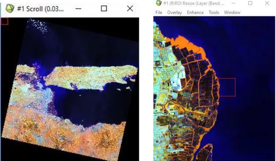 Gambar 2. Perbandingan Citra Landsat Sebelum dan Sesudah dilakukan Pemotongan  2.3.2  Penajaman Citra Dengan Metode Image Sharpening 