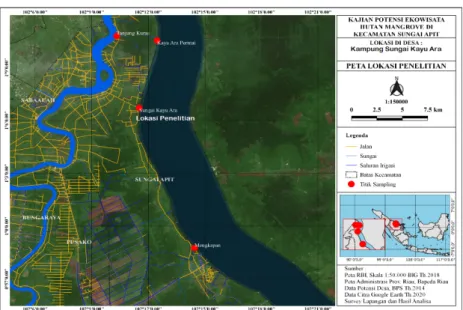 Gambar 1. Lokasi penelitian di hutan mangrove Kampung Sungai Kayu Ara. 