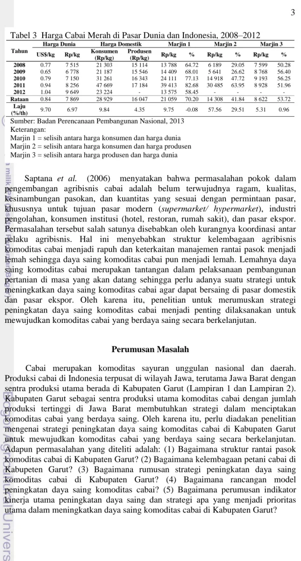 Tabel 3  Harga Cabai Merah di Pasar Dunia dan Indonesia, 2008–2012 