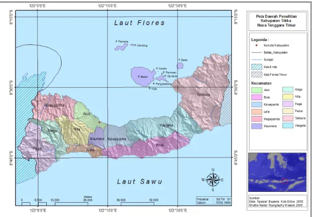 Gambar 1. Peta Daerah Lokasi Penelitian, Kabupaten Sikka, Nusa Tenggara Timur yang  terdiri dari 12 Kecamatan