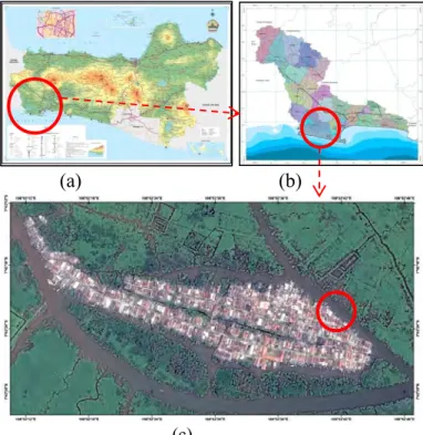 Gambar 3. 1 a. Peta Provinsi Jawa Tengah, b. Peta Kabupaten  (c)  Cilacap, c. Citra Satelit Lokasi Penelitian (maps.google.com) 