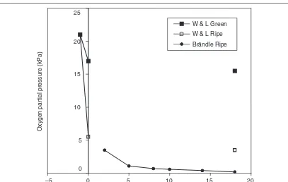 Figure 3.2 Profiles of oxygen partial pressure in green and ripe banana fruit. The data ‘W & L green’ and ‘W & L ripe’ are from Wardlaw and Leonard (1940) and ‘Brändle ripe’ from Brändle (1968)