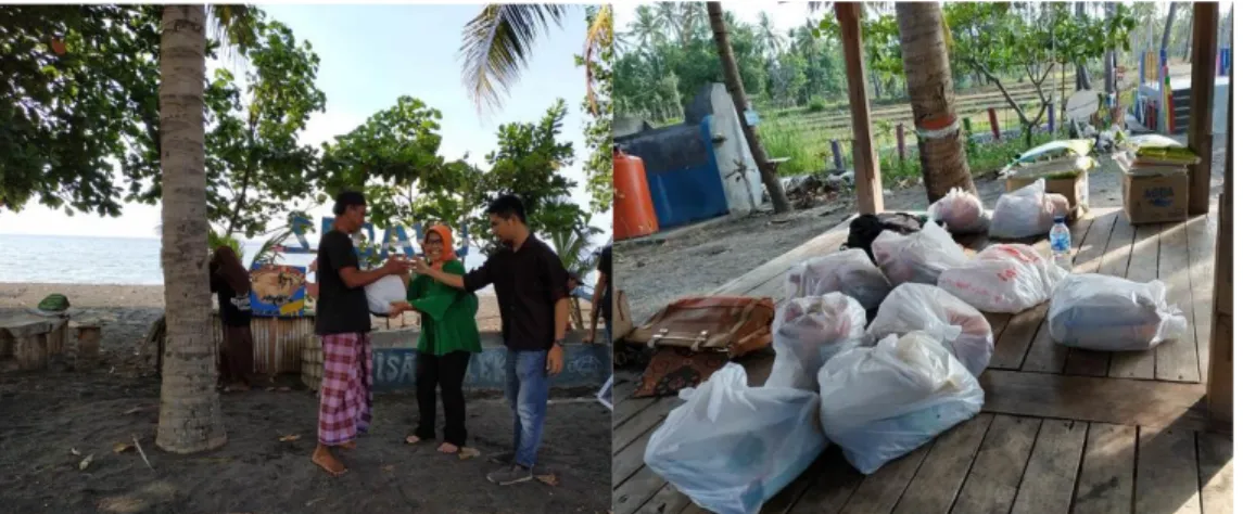 Gambar 4. Bantuan dan Penyerahan bantuan kepada masyarakat pesisir Pantai Sedayu  yang menjadi korban bencana gempa 