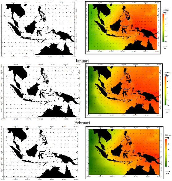 Gambar 3. Distribusi spasial angin (kiri) dan overlapping arus gestropik permukaan dengan SSH selama  Musim Barat