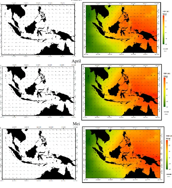 Gambar 4. Distribusi spasial angin (kiri) dan overlapping arus gestropik permukaan dengan SSH selama Musim  Peralihan I 