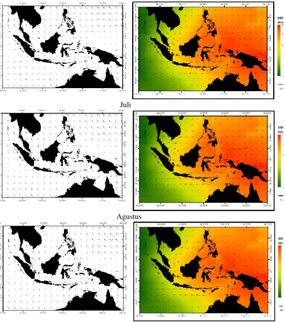 Gambar 5. Distribusi spasial angin (kiri) dan overlapping arus geostropik permukaan dengan SSH selama Musim  Timur