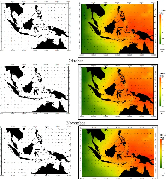 Gambar 6.Distribusi spasial angin (kiri) dan overlapping arus gestropik permukaan dengan SSH selama Musim  Peralihan II.