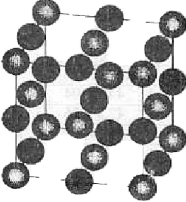 Gambar 2 Atom NaCI yang digambarkan didalam 3-dimensi, di mana bola berwarna terang untuk atom Na clan yang berwarna gelap untuk atom ct.