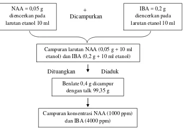 Gambar 3.  Diagram cara pembuatan campuran bubuk NAA (1000 ppm) 