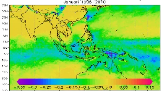 Gambar 1. Variasi spasial panas laten kondensasi  hidrometeor yang dilepaskan di atmosfer (K/jam)   BMI dan sekitarnya (35 ºLU – 35 ºLS; 60 °BT –  