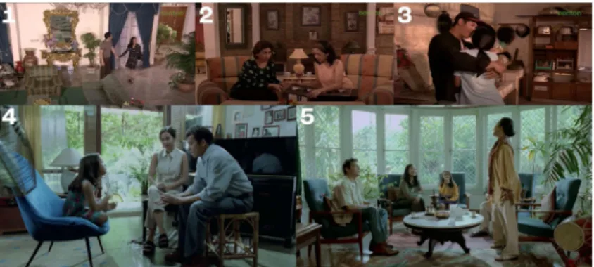 Gambar 1 Referensi set dressing  film  1999終. Gambar nomor 1-3 diambil dari Tersanjung  (Sumber: Patel &amp; Maghriza, 1998), gambar nomor 4-5 diambil dari Petualangan Sherina  (Sumber: Riza, 2000)