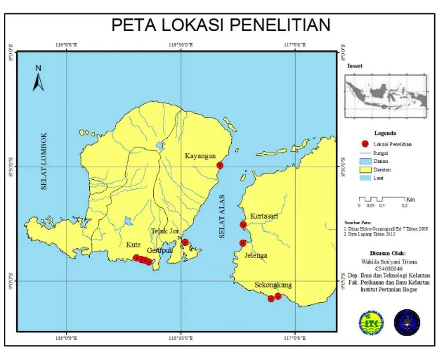Gambar 1 Peta lokasi pengambilan data di Pulau Lombok dan Sumbawa, 