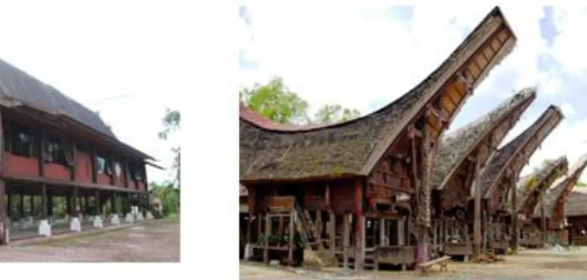 Gambar II.9 Rumah Adat Dayak (Kiri); Gambar II.10 Rumah Adat Sulawesi Selatan -  Toraja (Kanan) 