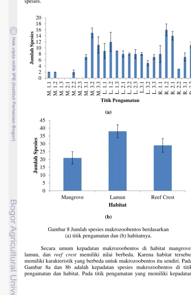 Gambar 8 Jumlah spesies makrozoobentos berdasarkan   (a) titik pengamatan dan (b) habitatnya
