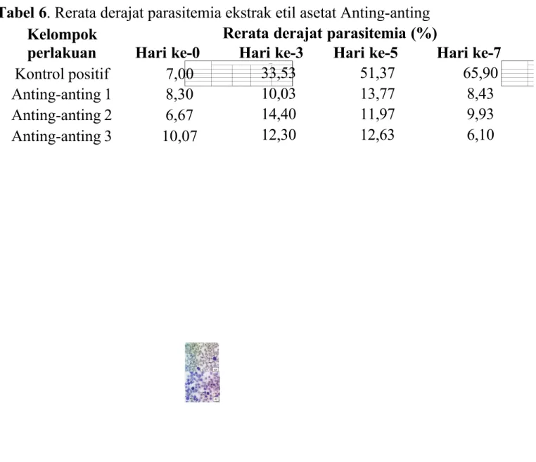 Tabel 6. Rerata derajat parasitemia ekstrak etil asetat Anting-anting Kelompok