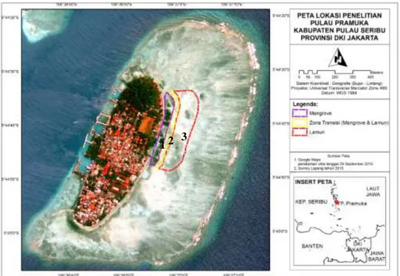 Gambar 1.  Peta lokasi penelitian di pulau Pramuka (Keterangan angka: 1= Zona Mangrove, 2 