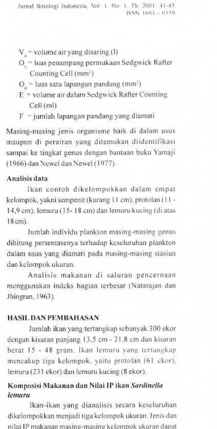 Tabel  I  menunjukl&lt;an  jenis  makanan  kelompok ukuran  protolan  dengan  bagian makanan  terbesar  berupa Pleurosigma  (43,39%)  dan  memiliki  presentase tertinggi (30,76%)