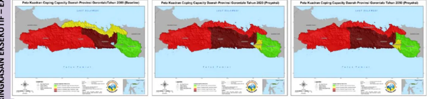 Gambar 2. Peta kuadran Coping Capacity Index Provinsi Gorontalo Tahun 2009 (baseline)  serta tahun 2020 dan 2050 (proyeksi) 