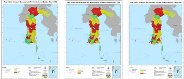 Gambar 3. Peta indeks komposit bencana iklim Provinsi Sulawesi Selatan Tahun 2009  (baseline) serta tahun 2020 dan 2050 (proyeksi) 
