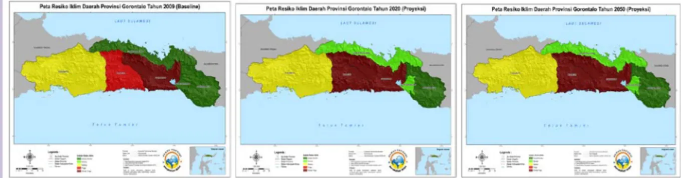 Gambar 4. Peta indeks komposit bencana iklim Provinsi Gorontalo Tahun 2009 (baseline)  serta tahun 2020 dan 2050 (proyeksi) 