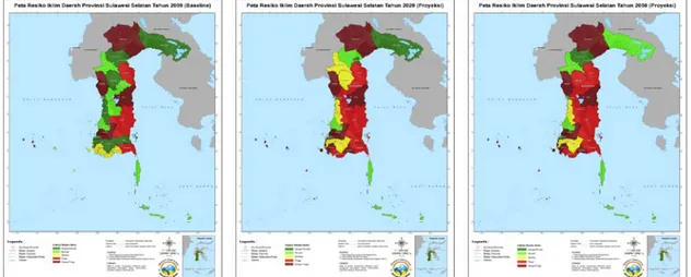 Gambar 5. Peta tingkat risiko iklim sebagai dampak perubahan iklim Provinsi Sulawesi  Selatan Tahun 2009 (baseline) serta tahun 2020 dan 2050 (proyeksi) 