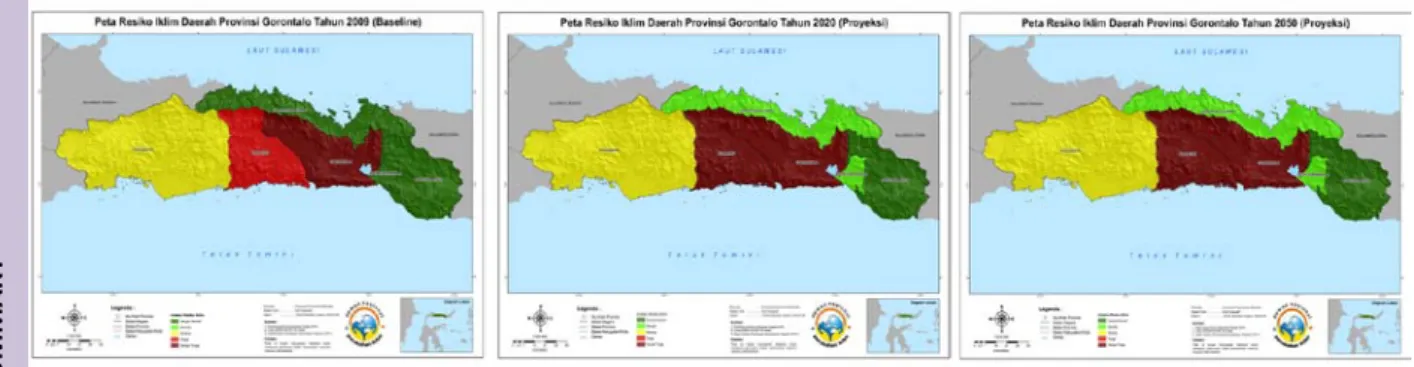 Gambar 6. Peta tingkat risiko iklim sebagai dampak perubahan iklim  Provinsi Gorontalo Tahun 2009 (baseline) serta tahun 2020 dan 2050 (proyeksi) 