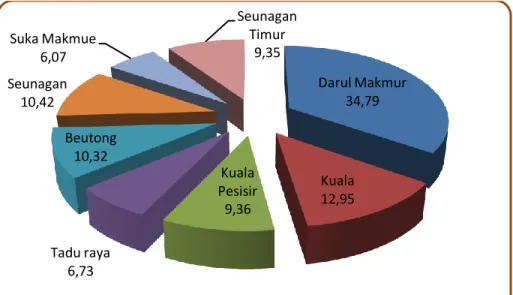 Grafik 4.  Distribusi/Persentase Jumlah Penduduk Kabupaten Nagan Raya  Menurut Kecamatan Tahun 2009 (Total 125.425 jiwa) 
