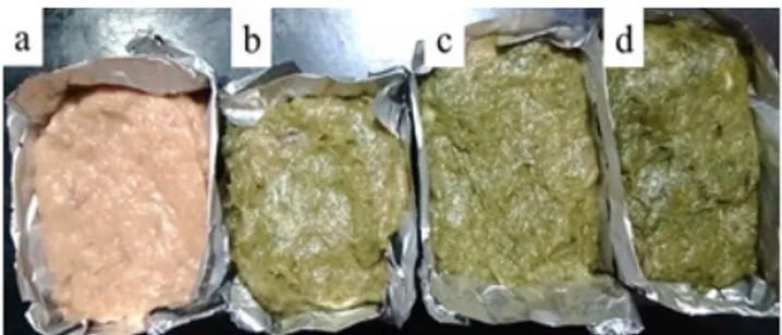 Gambar 2. Nugget itik dengan fortifikasi tepung daun kelor                    (a) 0.0%; (b) 0.5%;  (c) 1.0%; (d) 1.5% setelah                    proses pengukusan