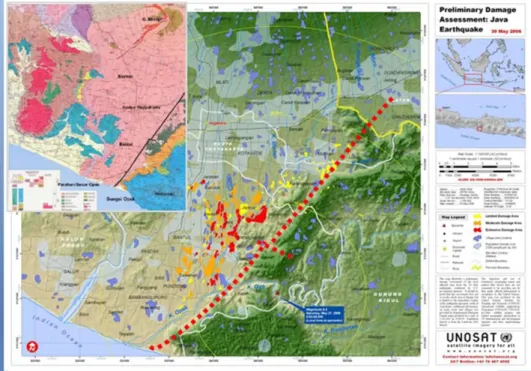 Gambar 1.1 Peta kerusakan gempa Yogyakarta 2006 dan lokasi patahan opak  (Sumber : www.unosat.org, 2006) 