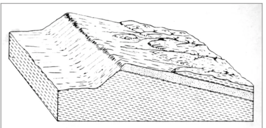 Gambar  9-13  Blok  diagram  bukit  asimetri  yang  terbentuk  oleh  perlapisan  batuan  dengan kemiringan yang landai