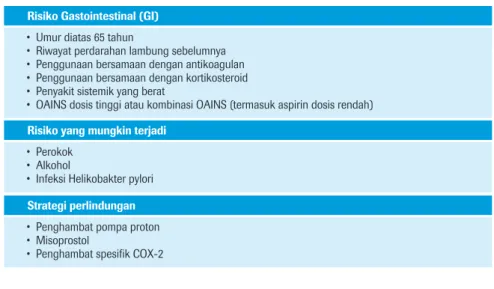 Tabel 4. Faktor risiko dan pencegahan perdarahan gastrointestinal  pada penggunaan OAINS