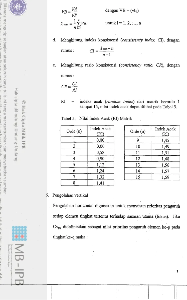 Tabel 5.  Nilai Indek Acak  (RI)  Matrik 