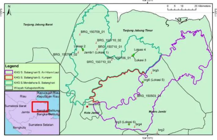 Gambar 2. Peta lokasi kunjungan lapang ke lahan gambut di Provinsi Jambi tanggal 26- 26-28 Agustus 2019