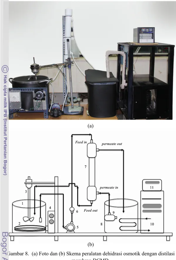 Gambar 8.  (a) Foto dan (b) Skema peralatan dehidrasi osmotik dengan distilasi  membran DCMD