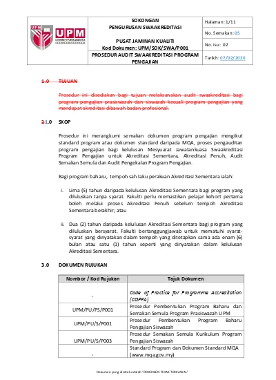 SOKONGAN PENGURUSAN SWAAKREDITASI. PUSAT JAMINAN KUALITI Kod Dokumen ...