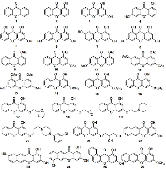Gambar 2. Struktur 26 senyawa turunan xanton yang dianalisis (Su et al., 2011) 