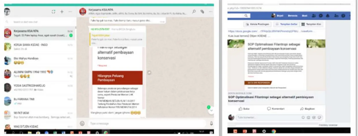 Gambar 5.   Media Komunikasi dan Penyebaran Kuesioner online menggunakan Aplikasi Whatsapp  dan Facebook 