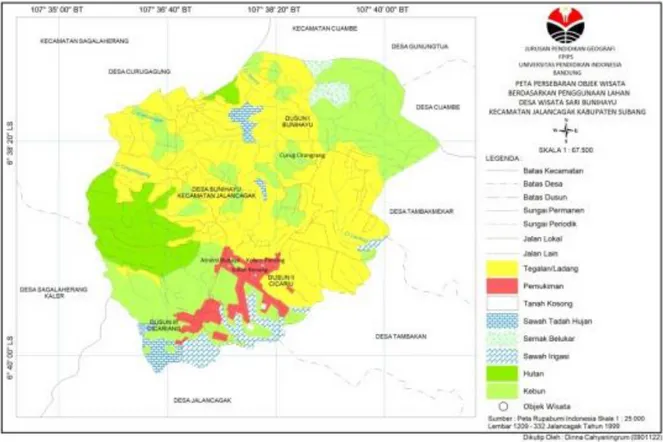 Gambar 2. Peta Persebaran Objek Wisata Berdasarkan Penggunaan Lahan Desa Wisata Sari Bunihayu  Kecamatan Jalancagak 