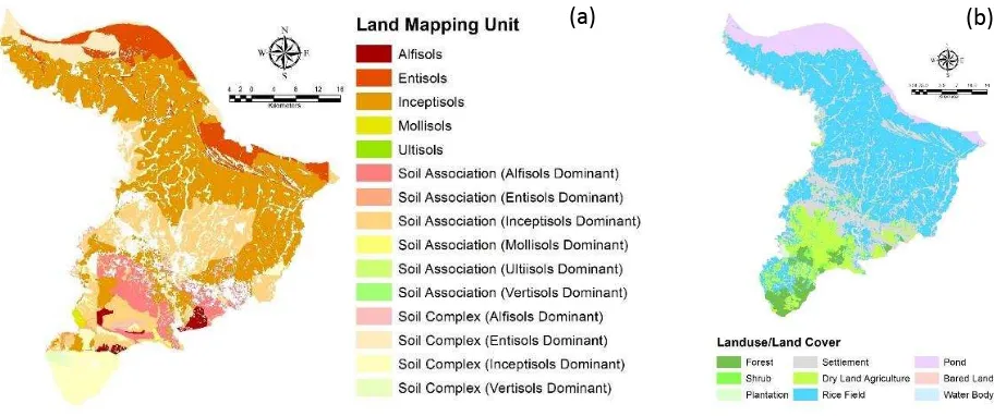 Figure 3. Map of: (a) soil class at sub-group categories, and (b) land cover, of Karawang Regency 