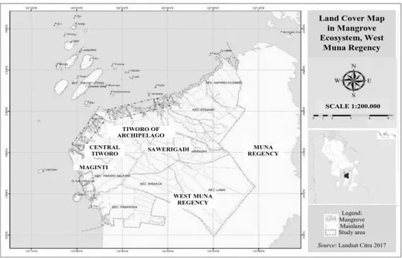 Gambar 1 Lokasi penelitian eksosistem mangrove di pesisir Kabupaten Muna Barat, Sulawesi Tenggara 
