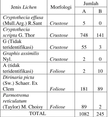 Tabel  1. Perbandingan jumlah lichen dengan  sumber pencemar 