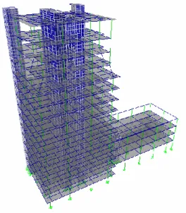 Gambar 8. Pemodelan Struktur Atas Menara Dang Merdu Bank Riau Kepri  Untuk mengetahui bagaimana karakteristik dinamik dari struktur atas  Menara Dang  Merdu Bank Riau Kepri, dilakukan analisis vibrasi bebas secara 3 dimensi dengan  menentukan terlebih dahu