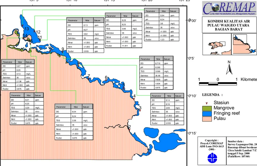 Gambar 17a. Distribusi oksigen terlarut, nitrat, nitrit , fosfat, TSS, salinitas dan pH  di perairan Pulau Waigeo Utara Bagian Timur 