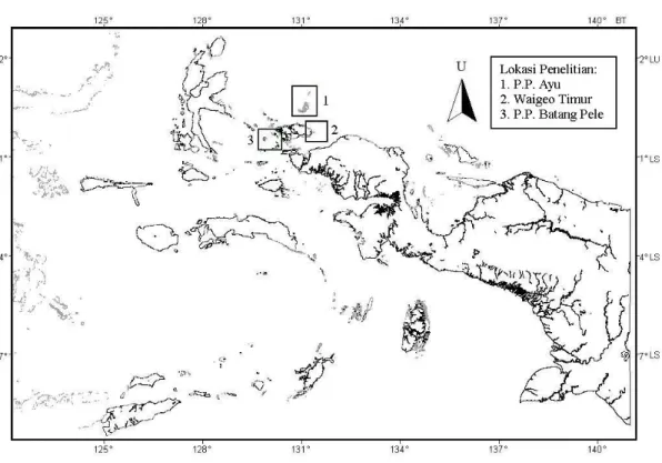 Gambar 1. Gugus Kepulauan Rajaampat, Kabupaten Sorong, dan lokasi penelitian ditunjukkan oleh gambar bujur sangkar.